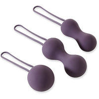purple 3 piece kegel set all with tails, 1 single ball kegel, and 2 different sized connected dual keegels