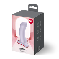 Product packaging of a G-Spot dildo labeled 'AMOR' by Fun Factory on a white background.