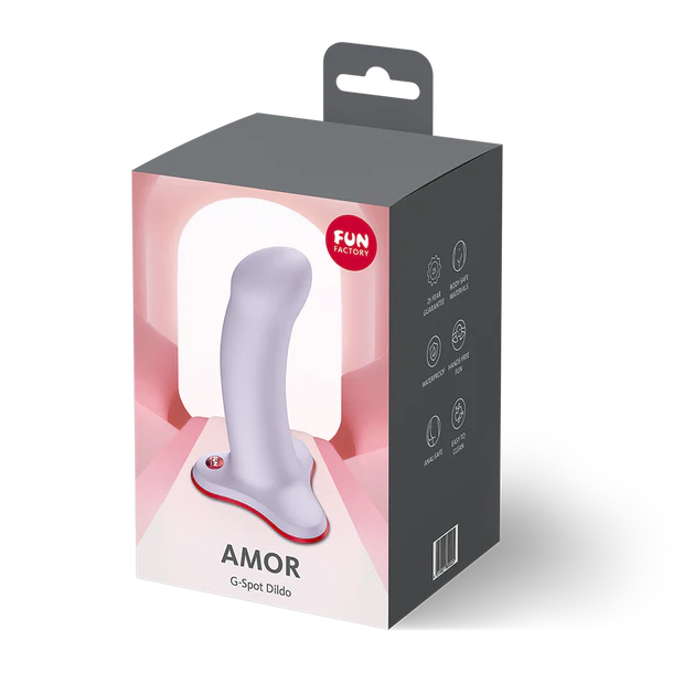 Product packaging of a G-Spot dildo labeled 'AMOR' by Fun Factory on a white background.