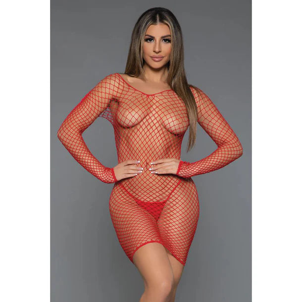 female wearing large hole fishnet long sleeve dress to above knees front view