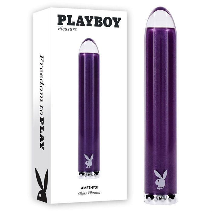 purple sleek vibrator with glass tip, playboy bunny at bottom beside box packaging