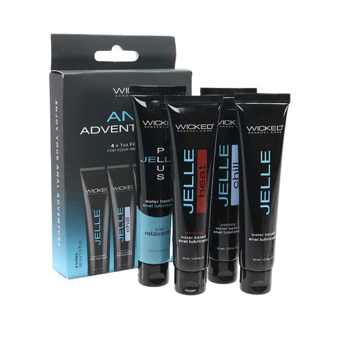product packaging and 4 black squeeze tube anal lubricants on white back ground