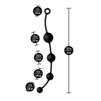 Measurement chart of a black anal beads with labeled dimensions on a white background