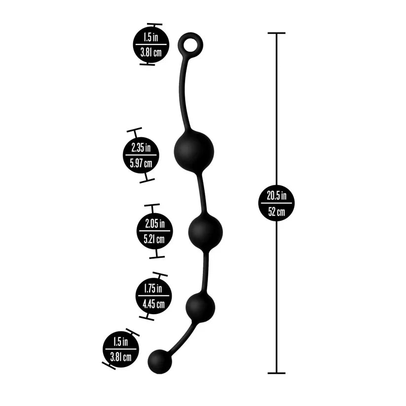 Measurement chart of a black anal beads with labeled dimensions on a white background