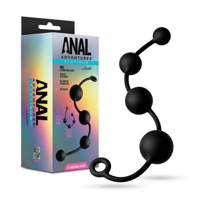 Black anal beads with colorful packaging labeled 'Anal Adventures' on a white background