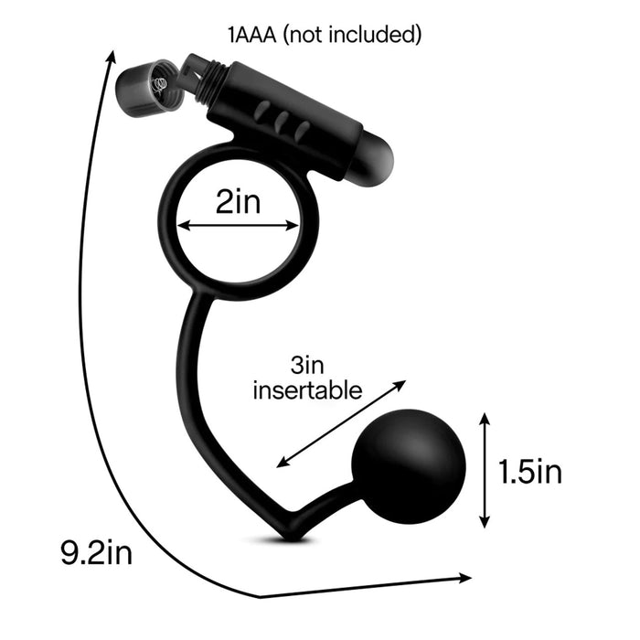 black silicone vibrating cock ring  with attached anal ball with measurements