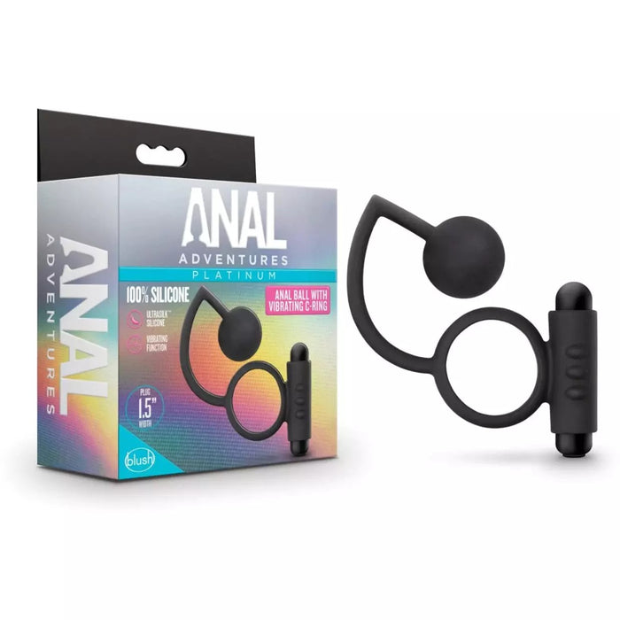 black silicone vibrating cock ring with attached anal ball next to anal adventures box