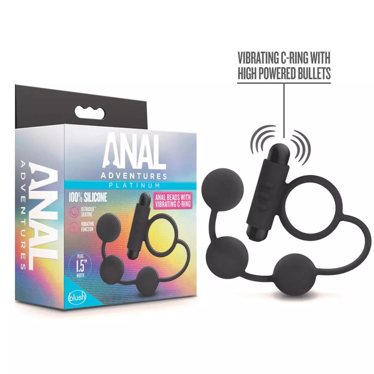 black silicone vibrating cock ring with attached anal beads next to anal adventures box