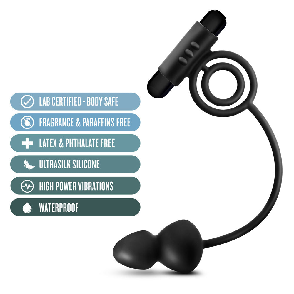black anal plug with attached vibrating cock ring with specs