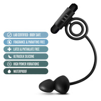 black anal plug with attached vibrating cock ring with specs