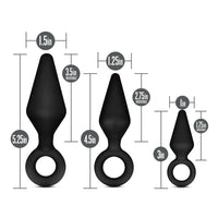 3 sizes of black anal plugs with size charts