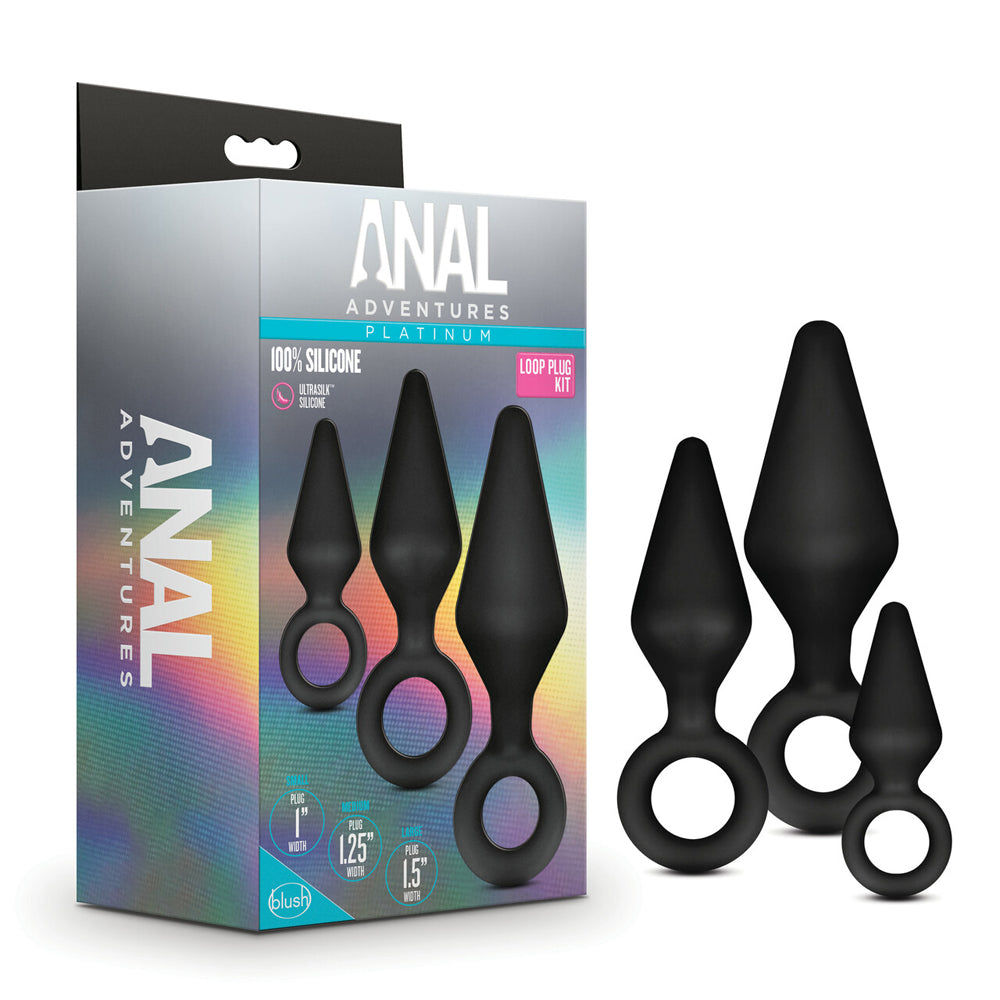 3 black anal plugs with finger ring holders beside box packaging