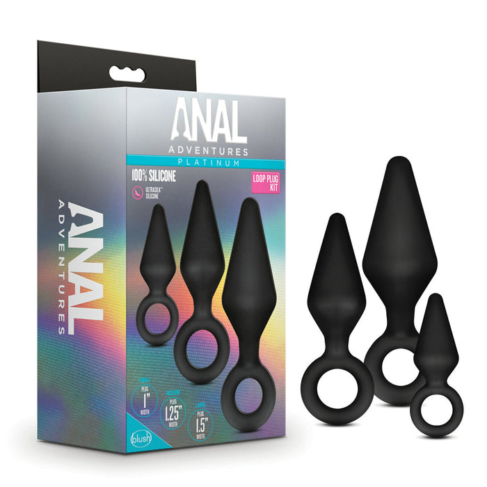 3 black anal plugs with finger ring holders beside box packaging