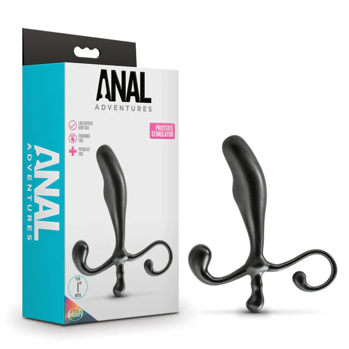 curved handled prostate stimulator with tapered head and thicker on top in black 