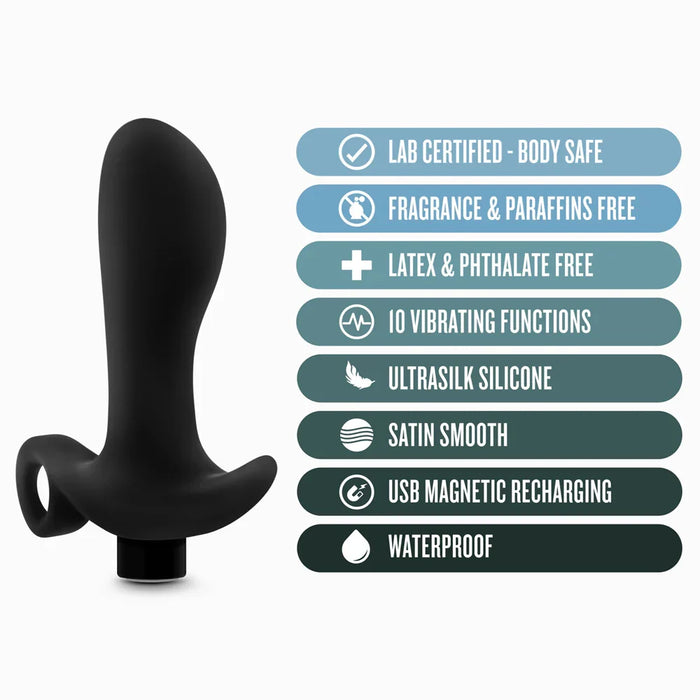 curved anal plug with finger loop beside specs