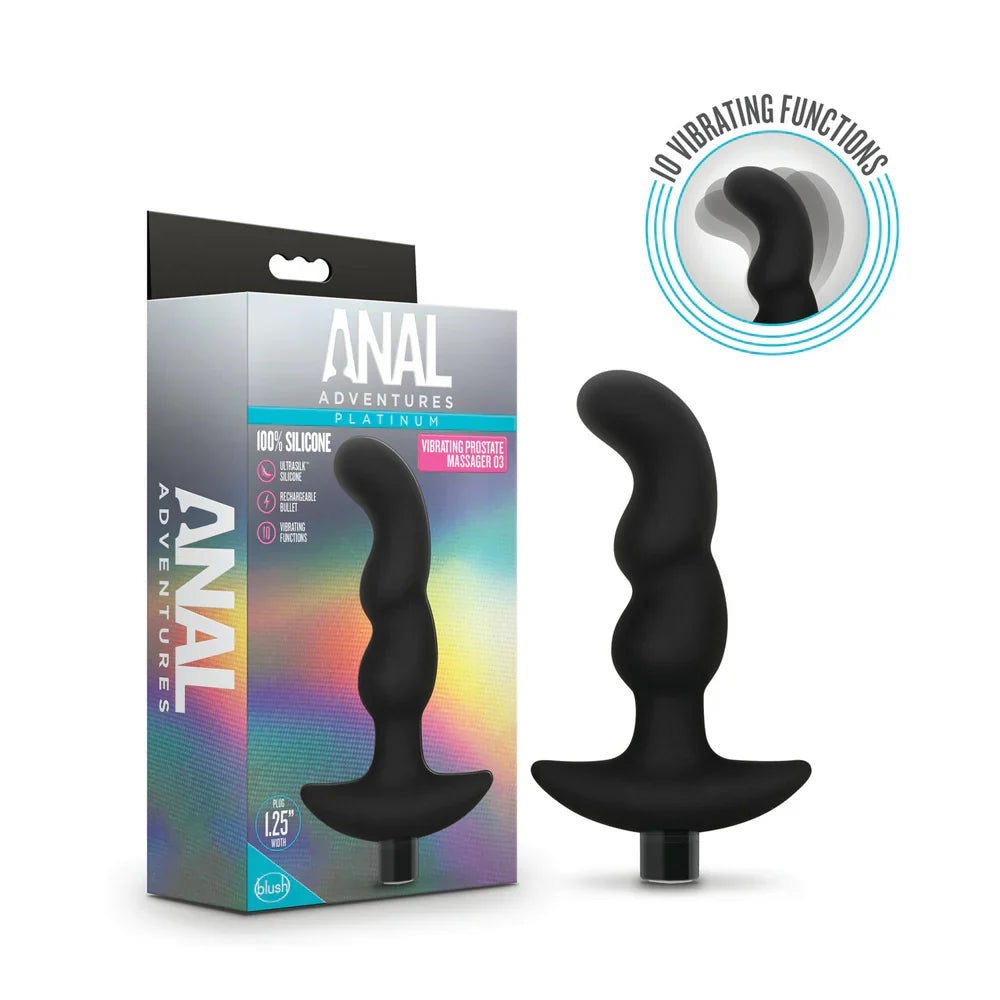 curved vibrating anal plug beside box packaging