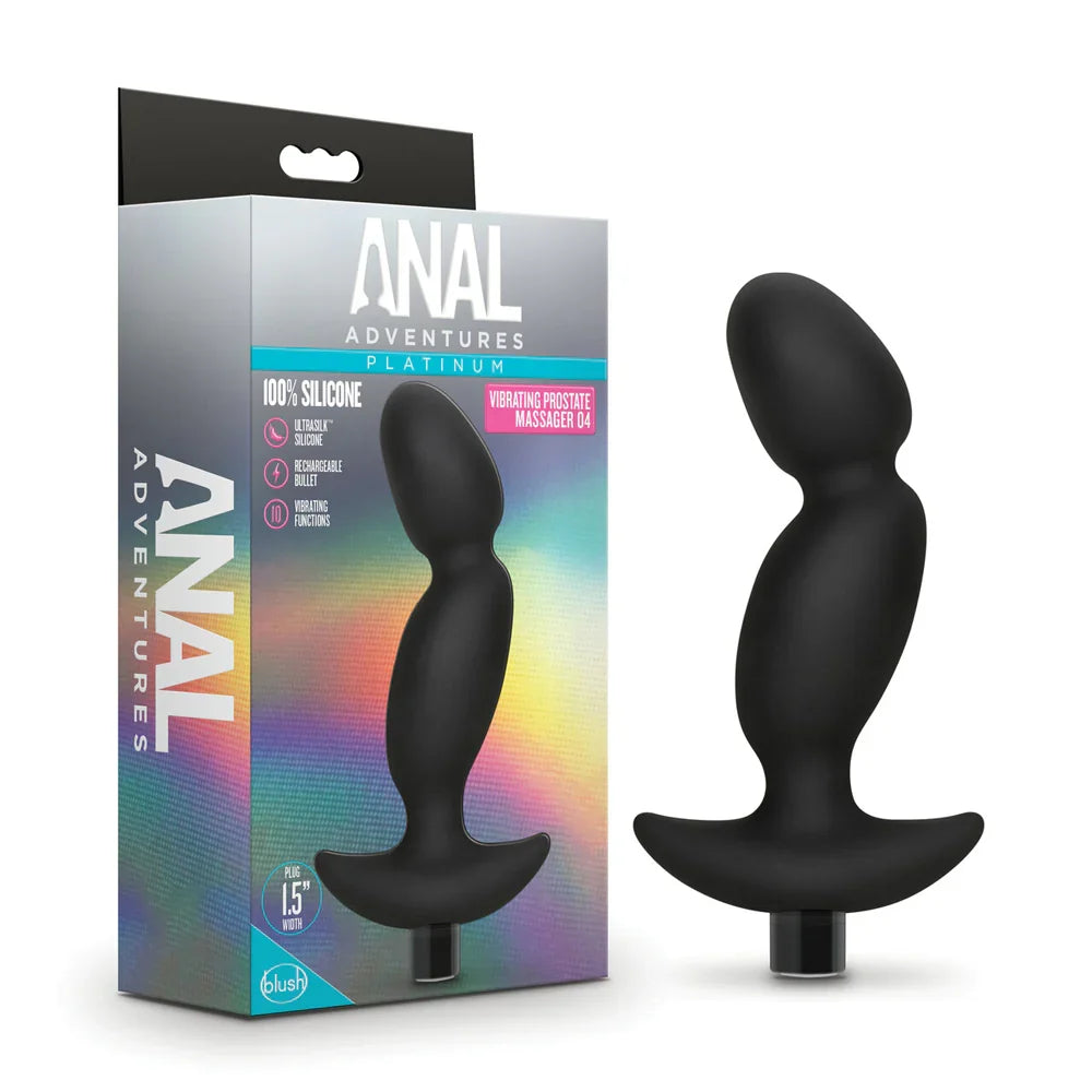Black siliconeanal plug with 'Anal Adventures' packaging on a white background