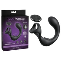 curved vibrating anal plug with attached cock ring with remote control beside box packaging