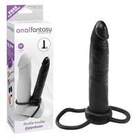 black 5.3" double penetration anal toy next to box