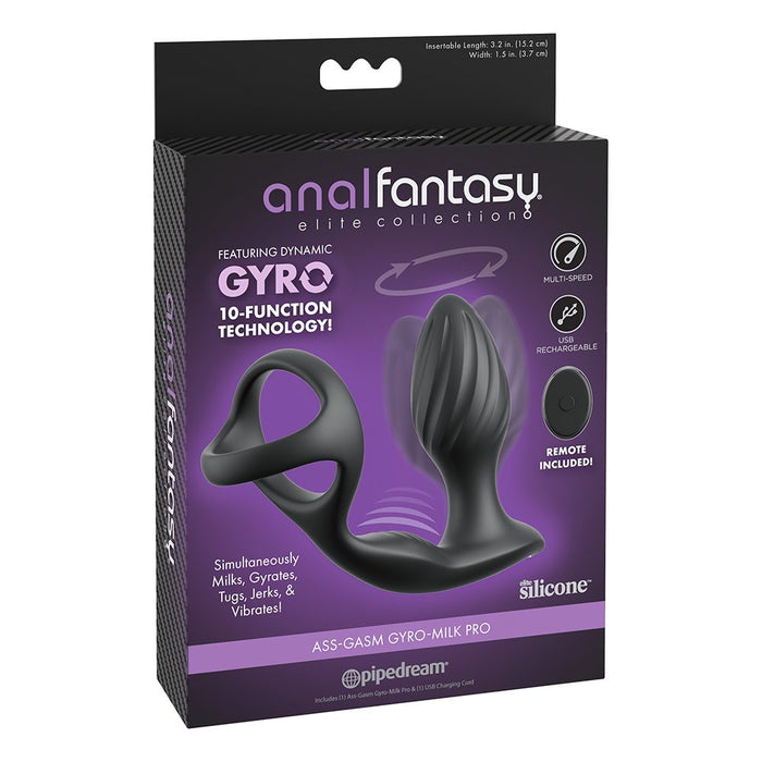 Anal fantasy ass gasm gyro milk pro anal plug, packaging with black device and purple text on a white background