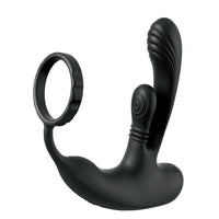 Black silicone ring with anal plug on a white background