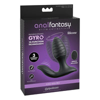 Product packaging of an anal fantasy gyro milk pro butt plug with purple and black design.