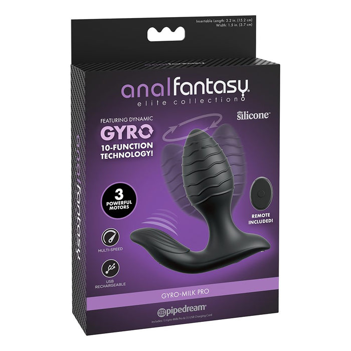 Product packaging of an anal fantasy gyro milk pro butt plug with purple and black design.