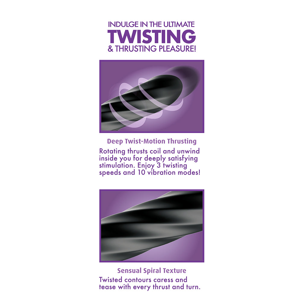 Advertisement for a product with text about twisting and thrusting pleasure on a purple background.