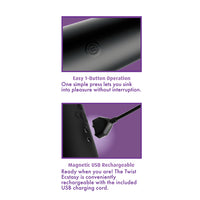 Product with text describing easy 1-button operation and magnetic USB rechargeability on a purple background.