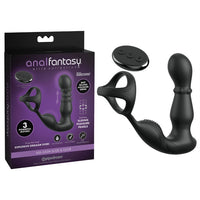 black curved vibrating and thrusting anal plug with attached cock ring and remote control beside box packaging