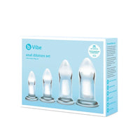 glass 4pc anal dilator set on blue box packaging 