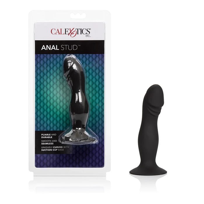 black penis shaped anal plug next to the product in its plastic packaging