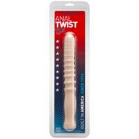 beige 11.5" anal tool with a handle and textured ridges along the shaft in plastic packaging