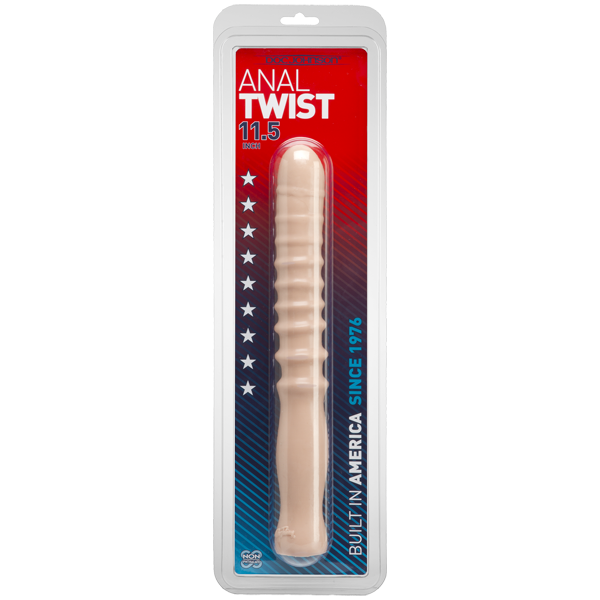 beige 11.5" anal tool with a handle and textured ridges along the shaft in plastic packaging