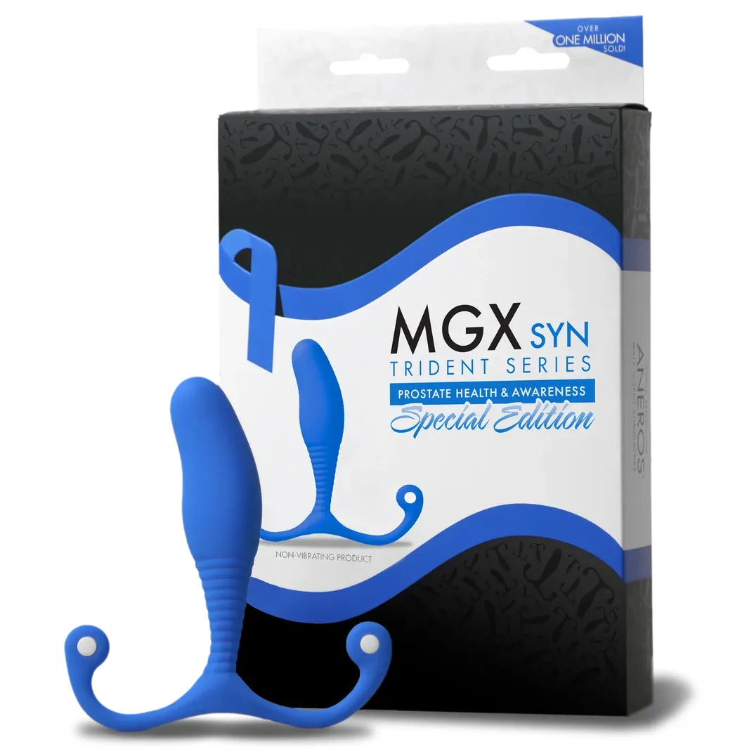 box packaging of mgx syn trident aneros anal plug . with anal plug in front of box