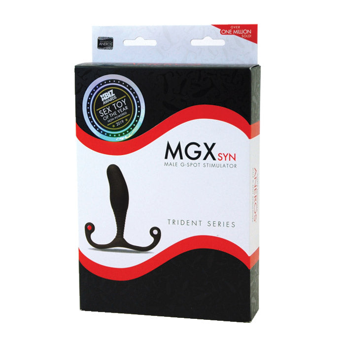 black curved anal plug on box packaging. mgx syn aneros male g spot 