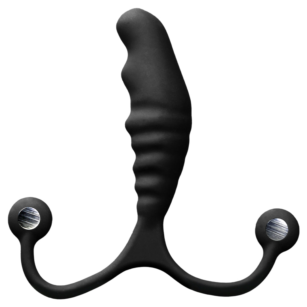 black ribbed anal plug with curved sides at bottom