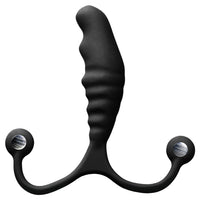 black ribbed anal plug with curved sides at bottom