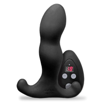 Black silicone butt plug with digital display on a white background