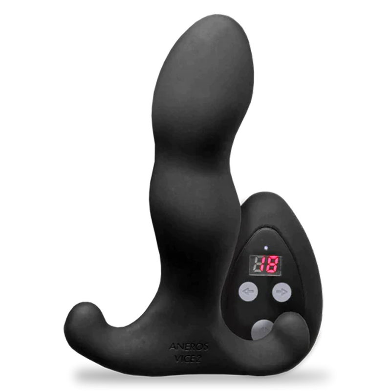 Black silicone butt plug with digital display on a white background