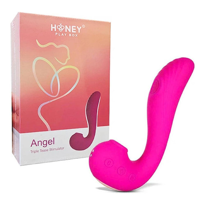 Pink 'Angel' triple tease stimulator with Honey Play Box packaging on a white background