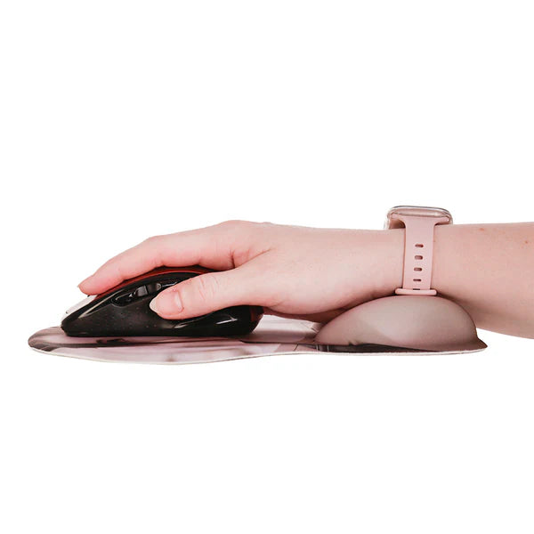 Hand using a computer mouse with a wrist support on a white background