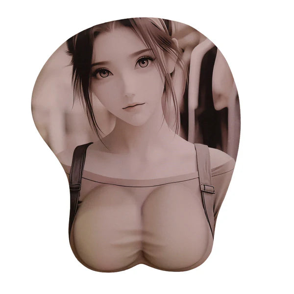 Circular mouse pad with an artistic depiction of a character on a white background