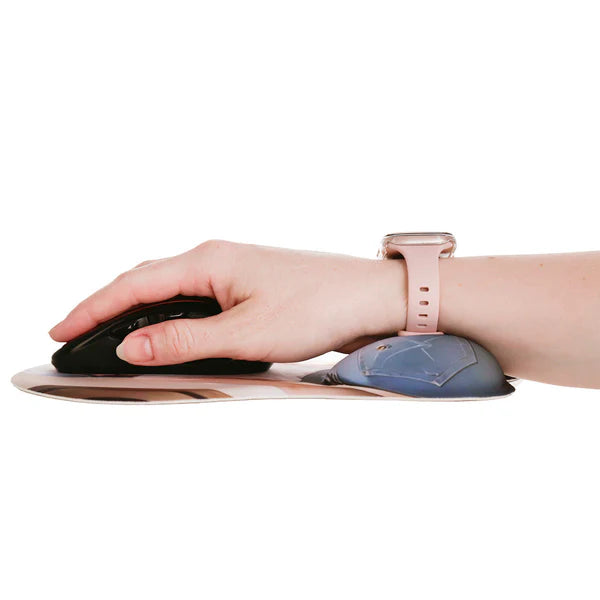 Hand using a computer mouse with a wrist support on a white background