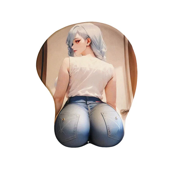 Round mouse pad with a design of a person wearing a white shirt and blue jeans on a beige background.