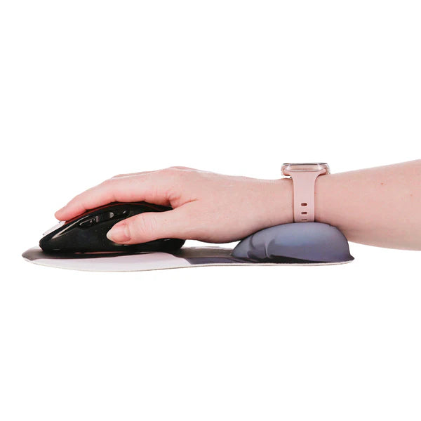 Hand using a computer mouse with a wrist support on a white background