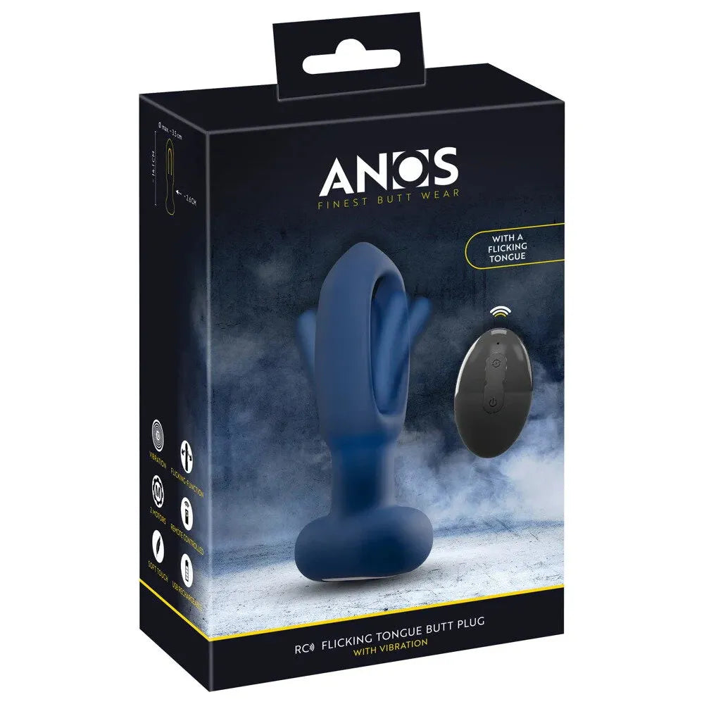 tapered blue vibrating butt plug with tongue flicker in center hole, with bottom base, remote control on box packaging