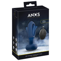 tapered blue vibrating butt plug with tongue flicker in center hole, with bottom base, remote control on box packaging