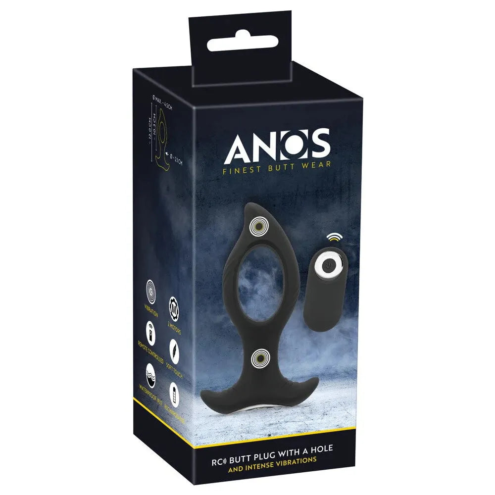 black vibrating butt plug with hole in middle, bottom base with remote control on box packaging