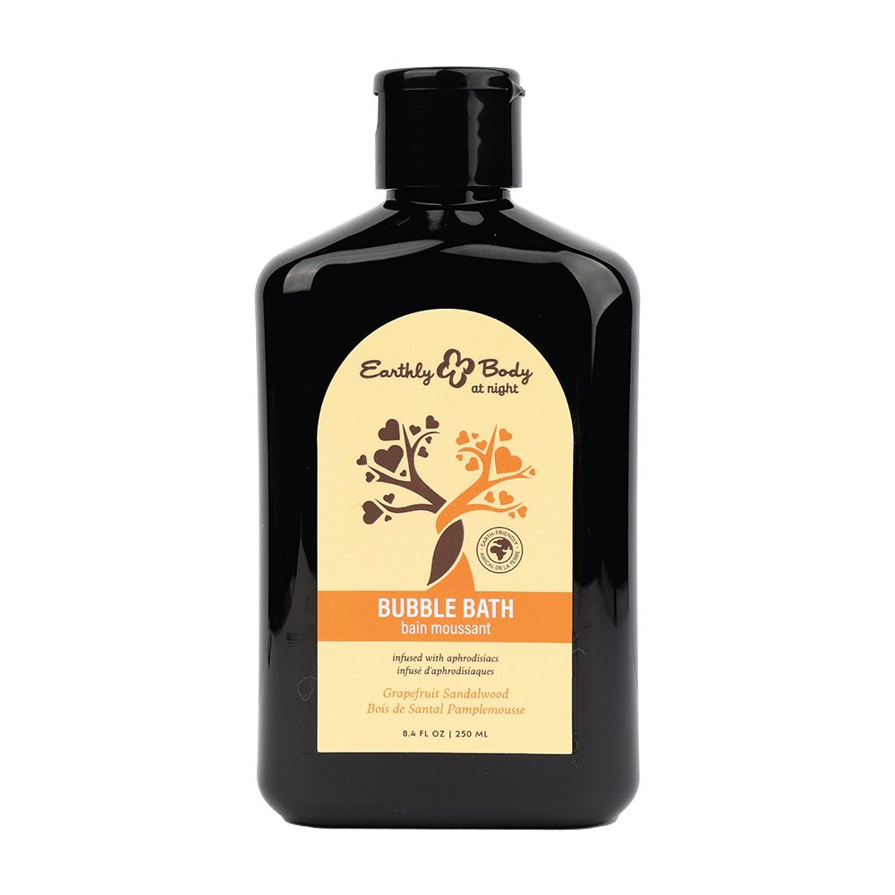 Black bottle of Earthly Body grape sandlewood bubble bath with a beige label on a white background